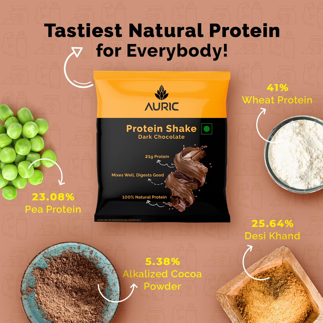 Auric Vegan Protein Powder for Men & Women (Dark Chocolate Flavor) 8 Sachet