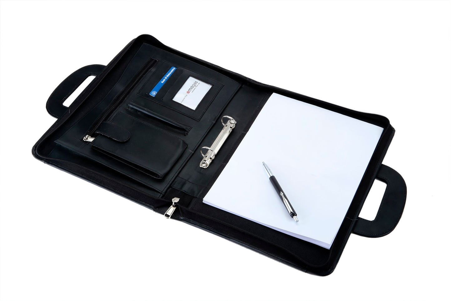 BLACK LEATHERETTE FOLDER WITH HANDLE WITH PEN AND PEN WITH BOX