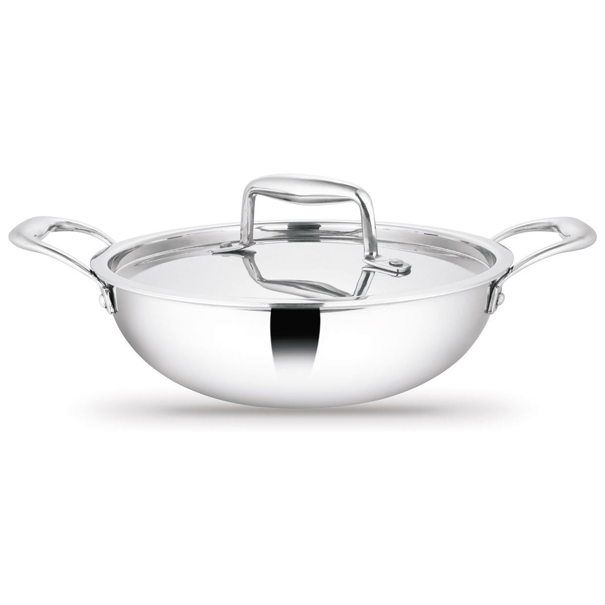 Artista Triply Stainless Steel Shallow Kadhai With Lid| Silver (Induction And Gas Stove Friendly)
